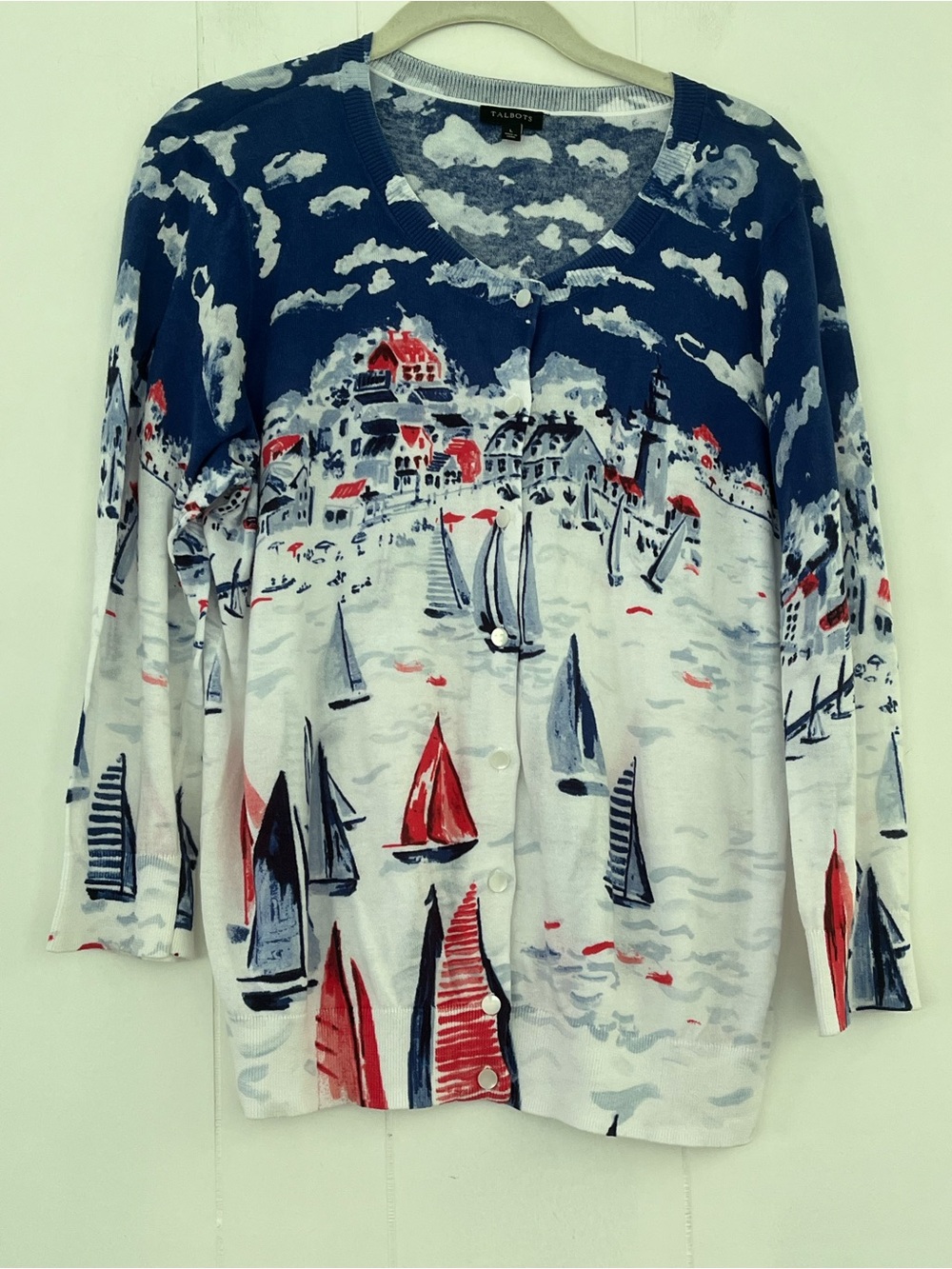 TALBOTS Sailboat Regatta Cotton Cardigan Size Large  Nautical - Picture 2 of 15